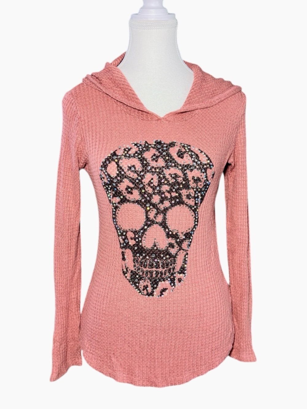 Be Vocal Pink Rhinestone Leopard Skull Hooded Top – Size L